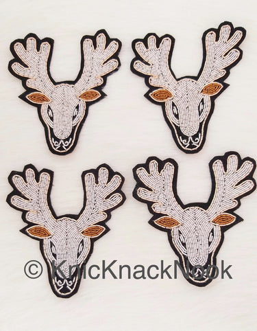 Hand Embroidered Reindeer Applique In Silver And Brown Zardozi Threadwork, Animal Motif, Christmas DIY